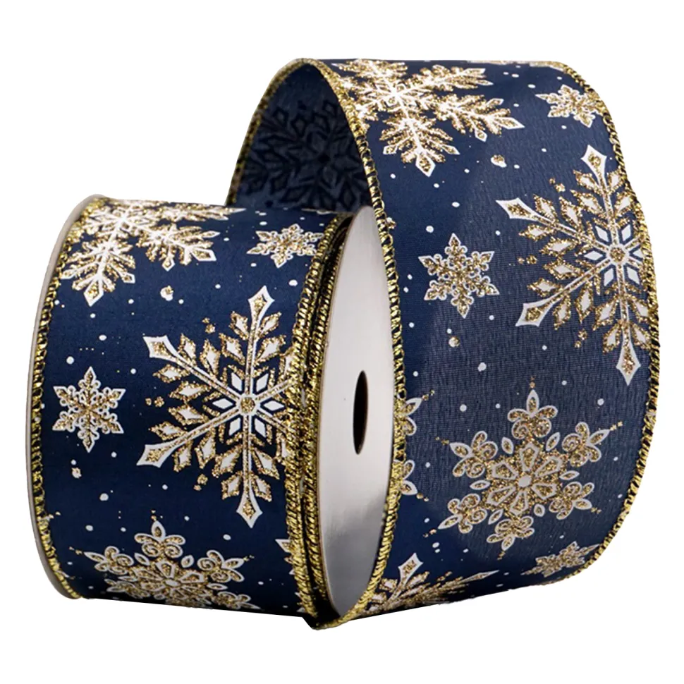 WIRED RIBBON 2.5″x10 YDS. NAVY BLUE W/ GLITTER SNOWFLAKES