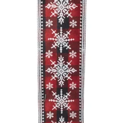 WIRED RIBBON 2.5″X10 YDS RED/ BLACK CHECK PLAID W/ WHITESNOWFLAKES