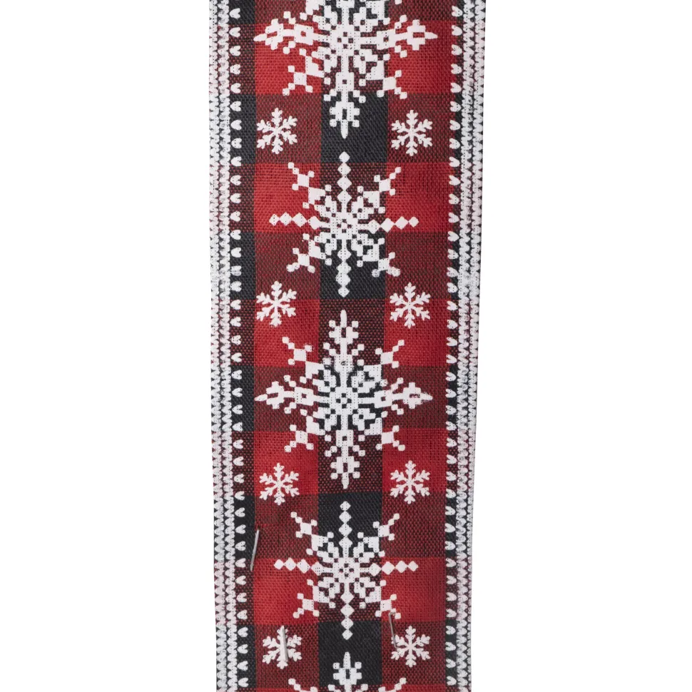 WIRED RIBBON 2.5″X10 YDS RED/ BLACK CHECK PLAID W/ WHITESNOWFLAKES