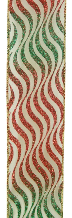 WIRED RIBBON 2.5″X10 YDS RED/ GREEN W/ WAVE STRIPE / GLITTER