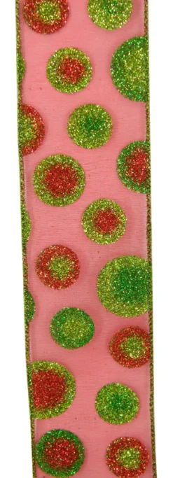 WIRED RIBBON 2.5″X10 YDS RED SHEER W/ RED GREEN GLITTER DOTS