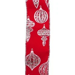 WIRED RIBBON 2.5″X10 YDS RED W/ WHITE FINIALS
