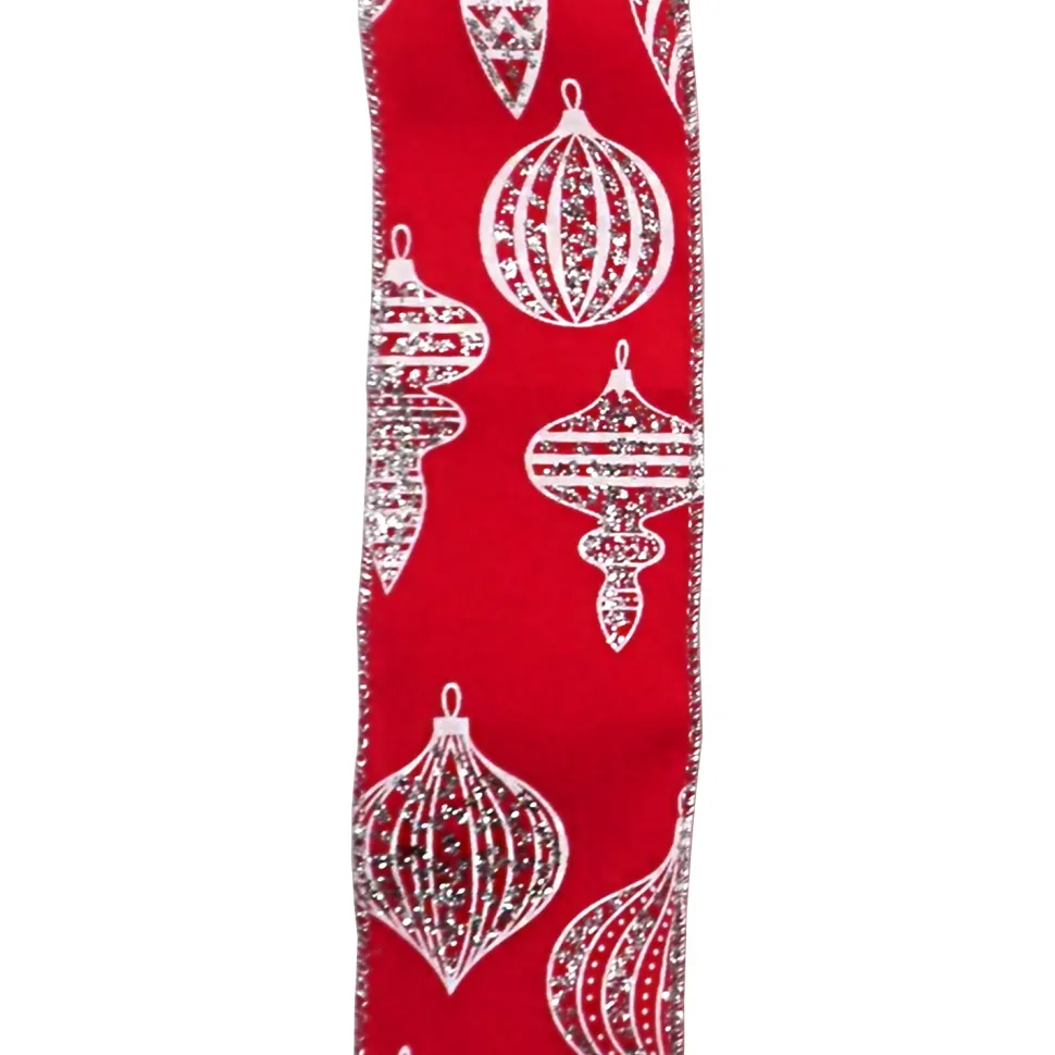 WIRED RIBBON 2.5″X10 YDS RED W/ WHITE FINIALS