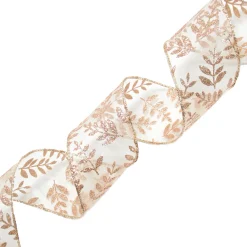 WIRED RIBBON 2.5″x10 YDS. ROSE GOLD SHEER W/ GLITTER LEAF VINE