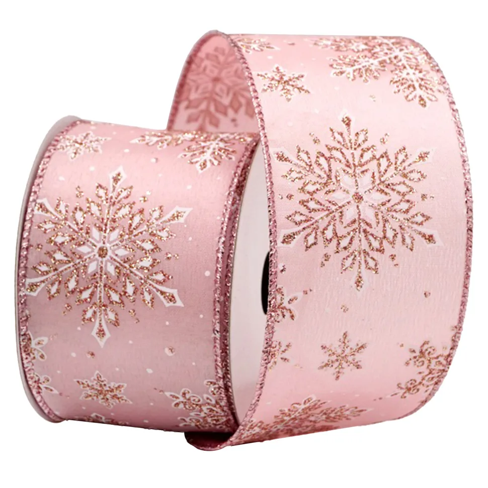 WIRED RIBBON 2.5″x10 YDS. ROSE GOLD W/ ROSE GOLD SNOWFLAKES