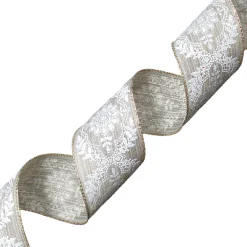WIRED RIBBON 2.5″x10 YDS. STRIP BURLAP W/ WHITE ROYAL FLORAL