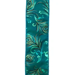 WIRED RIBBON 2.5″X10 YDS TURQUOISE W/ PEACOCK FEATHER