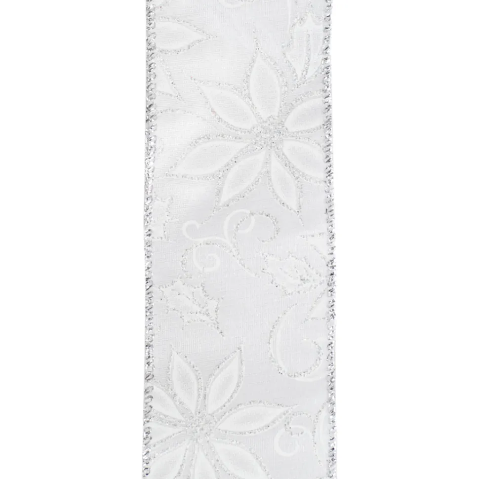 WIRED RIBBON 2.5″X10 YDS WHITE BURLAP SATEEN W/ WHITE POINSETTIA