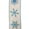 WIRED RIBBON 2.5″X10 YDS WHITE W/ BLUE SNOWFLAKES
