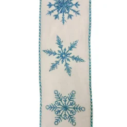 WIRED RIBBON 2.5″X10 YDS WHITE W/ BLUE SNOWFLAKES