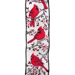 WIRED RIBBON 2.5″X10 YDS WHITE W/ RED CARDINAL IN BRANCH