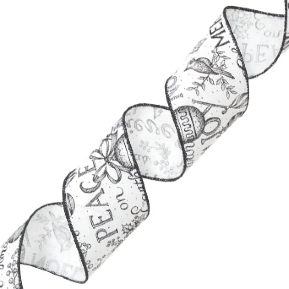 WIRED RIBBON 2.5″x10 YDS. WHITE IMITATED COTTON W/ BLACK XMAS LETTERS & ORN.