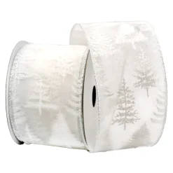 WIRED RIBBON 2.5″x10 YDS. WHITE SHEER W/ TREES