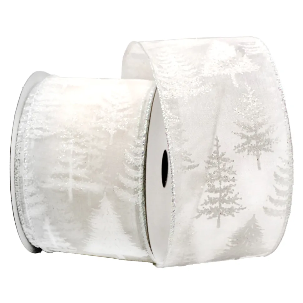 WIRED RIBBON 2.5″x10 YDS. WHITE SHEER W/ TREES