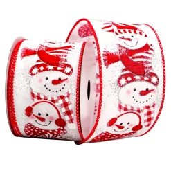 WIRED RIBBON 2.5″x10 YDS. WHITE W/ WHITE/RED SNOWMEN