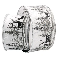 WIRED RIBBON 2.5″x10 YDS. WHITE W/ BLACK WHITE REINDEERS & TREES