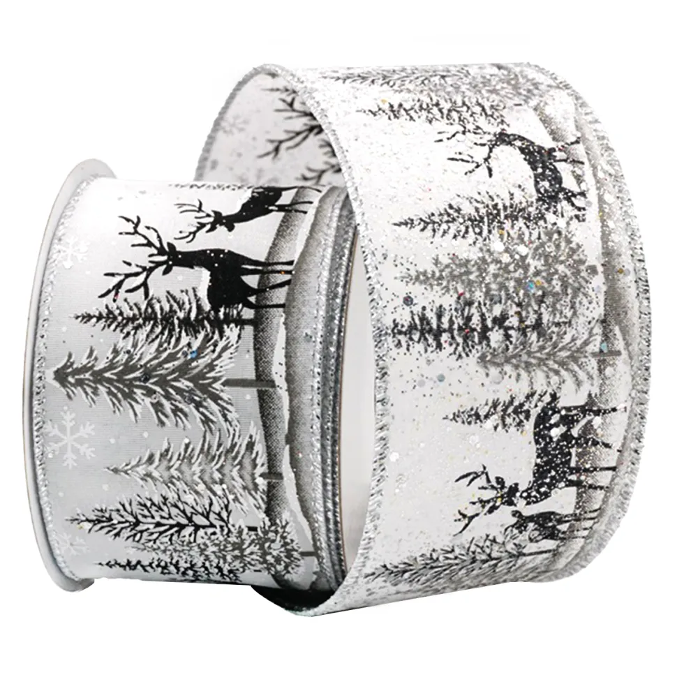 WIRED RIBBON 2.5″x10 YDS. WHITE W/ BLACK WHITE REINDEERS & TREES