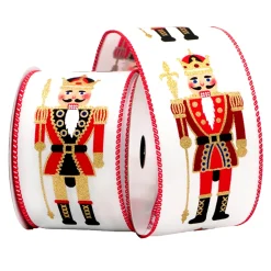 WIRED RIBBON 2.5″x10 YDS. WHITE W/ NUTCRACKER