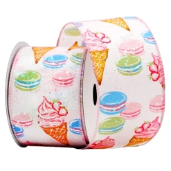 WIRED RIBBON 2.5″x10 YDS. WHITE/PINK W/ MULTI MACAROONS & ICE CREAM