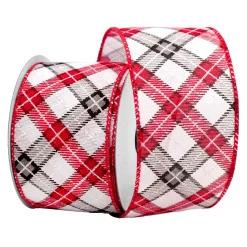 WIRED RIBBON 2.5″x10 YDS. WHITE/RED/BLACK W/ LATTICE