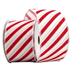 WIRED RIBBON 2.5″x10 YDS. WHITE/RED/SILVER W/ DIAGONAL STRIPES