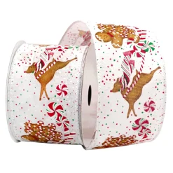 WIRED RIBBON 2.5″x10 YDS. WHITE/RED W/ GINGERBREAD & SWIRL CANDIES