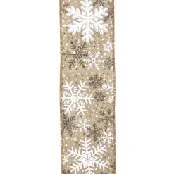 WIRED RIBBON 2.5″X10YD NATURAL W/ WHITE 7 BROWN GLITTER SNOWFLAKES