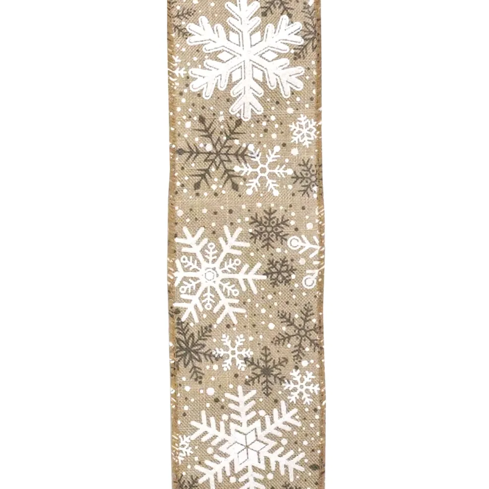 WIRED RIBBON 2.5″X10YD NATURAL W/ WHITE 7 BROWN GLITTER SNOWFLAKES