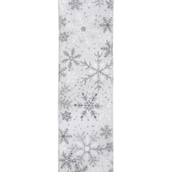 WIRED RIBBON 2.5X10YDS WHITE W/ SILVER SNOWFLAKES