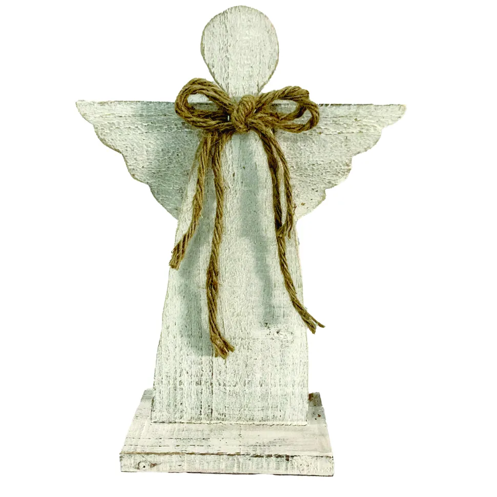 WOODEN ANGEL 12″ WHITE WASH FINISH W/ YARN BOW