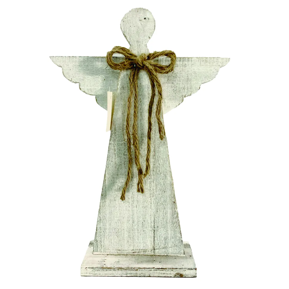 WOODEN ANGEL 15.5″ WHITE WASH FINIISH W/ YARN BOW