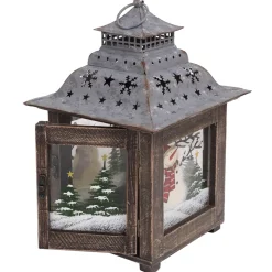 WOODEN LANTERN 11″H TIN ROOF W/SNOWMAN SCENE