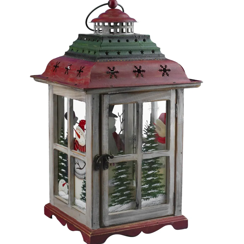 WOODEN LANTERN 16″H W/ SNOWMAN SCENE