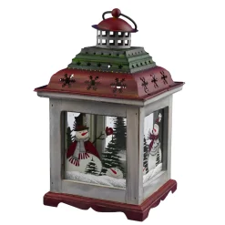 WOODEN LANTERN 11″H W/ SNOWMAN SCENE