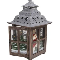 WOODEN LANTERN 15″H W/TIN ROOF &SNOWMAN SCENE
