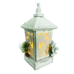 WOODEN LANTERN 13.5″Hx6.5″ TABLE DECOR WITH LED LIGHTS & SNOW