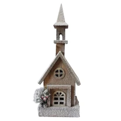 WOODEN NAT. CHURCH 18″ W/ SNOW LED LIGHTS 3AA BATTERY W/TIMER