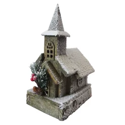 WOODEN NAT. CHURCH 10″ W/ SNOW LED LIGHTS 3AA BATTERY W/ TIMER