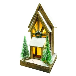 WOODEN NAT. CHURCH 9.5″x12.5″ WITH LED LIGHTS SNOW & TREES