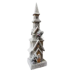 WOODEN NAT. CHURCH 5.5″x6″x24″ W/ SNOW LED LIGHTS 3AA BATTERY W/ TIMER
