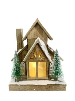WOODEN NAT. HOUSE WOODEN 10.5″Wx13.5″H W/ LED LIGHTS SNOW AND TREES