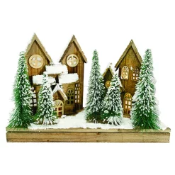 WOODEN NAT. VILLAGE SCENE 17.5″x12″ W/ LED LIGHTS SNOW & TREES