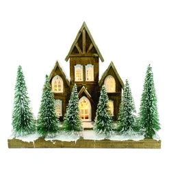 WOODEN NAT. VILLAGE SCENE 17.5″x15″ W/ LED LIGHTS SNOW & TREES