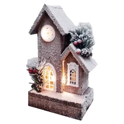 WOODEN NAT./FLOCKED HOUSE 10″+10L W/ LED B/O (NOT INCLUDED) W/ TIMER