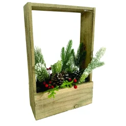WOODEN PLANTER BOX 6″ X 15″ W/ FLOCKED GREENERY AND RED BERRIES