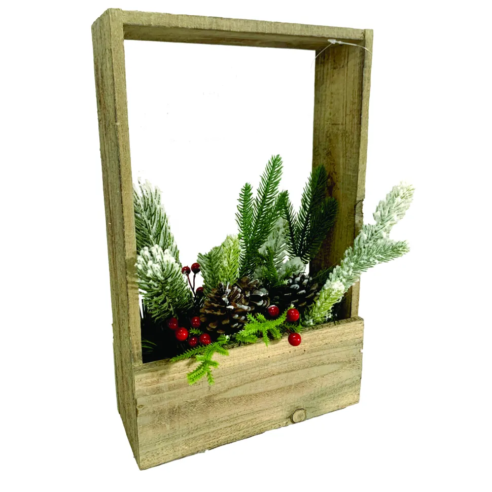 WOODEN PLANTER BOX 6″ X 15″ W/ FLOCKED GREENERY AND RED BERRIES