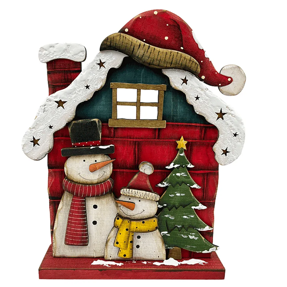 WOODEN SNOWMAN HOUSE STAND 13″ W/SNOWY ROOF & SANTA HAT