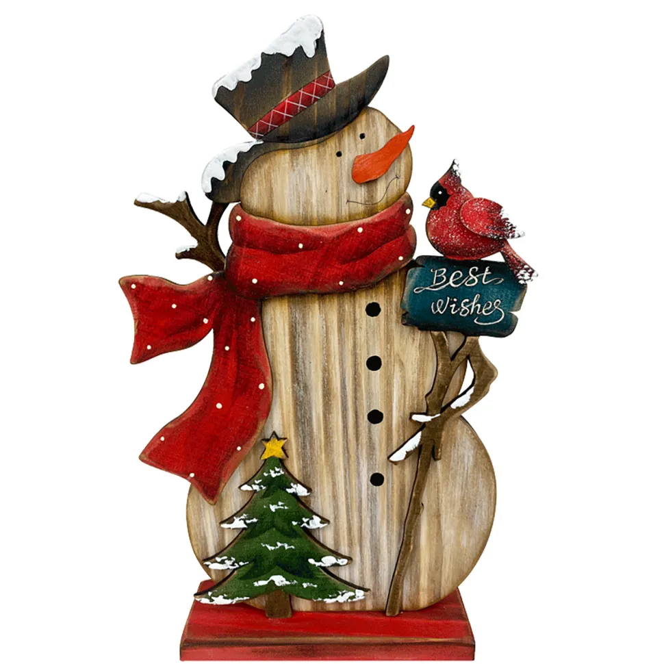 WOODEN SNOWMAN W/CARDINAL ON BASE 7″X2″X12″