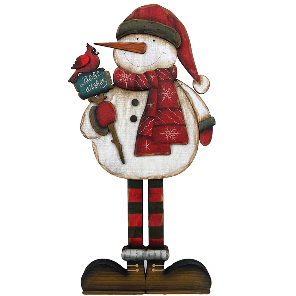WOODEN SNOWMAN 9″X18″ W/CARDINAL STAKE W/ EASEL