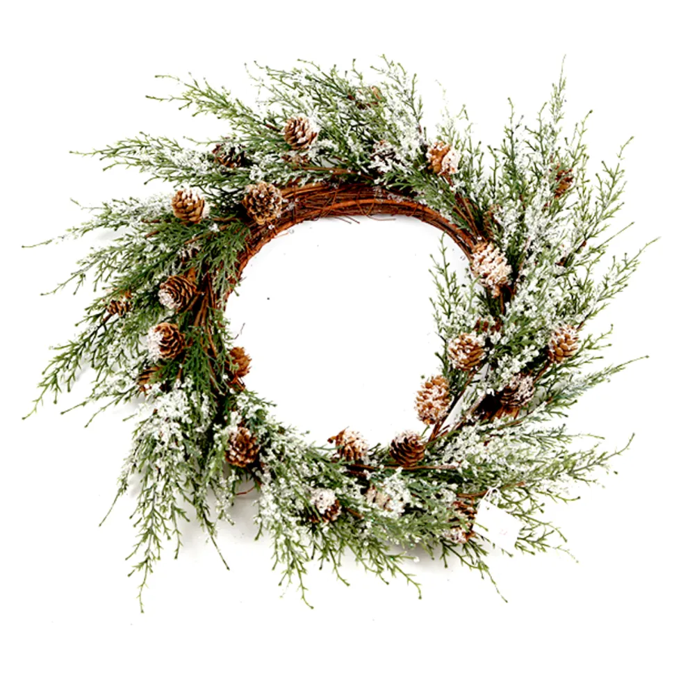 WREATH CEDAR 20″ FROSTED/ ICED W/ PINE CONE